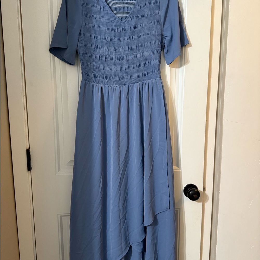 Blue Pleated High Low Dress with Flutter Sleeves
